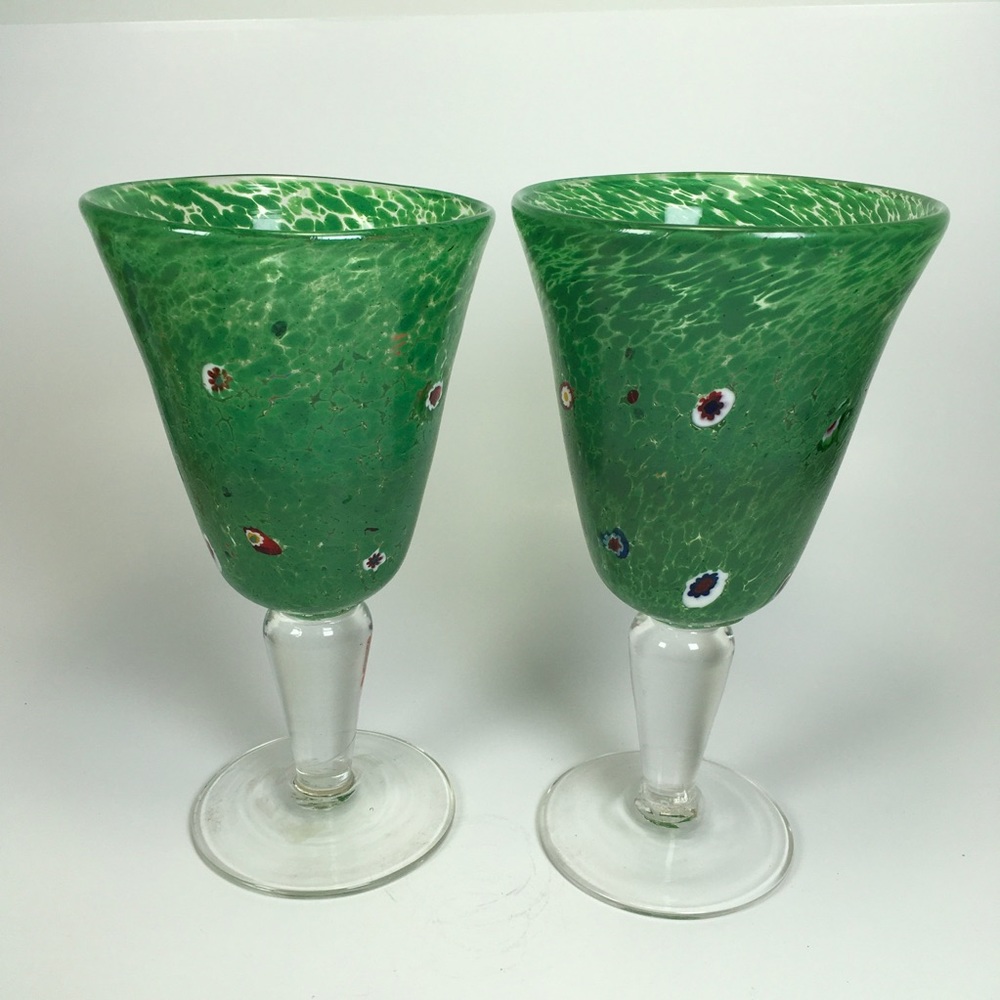 Green Glass Goblets with Textured Design Millefiori
